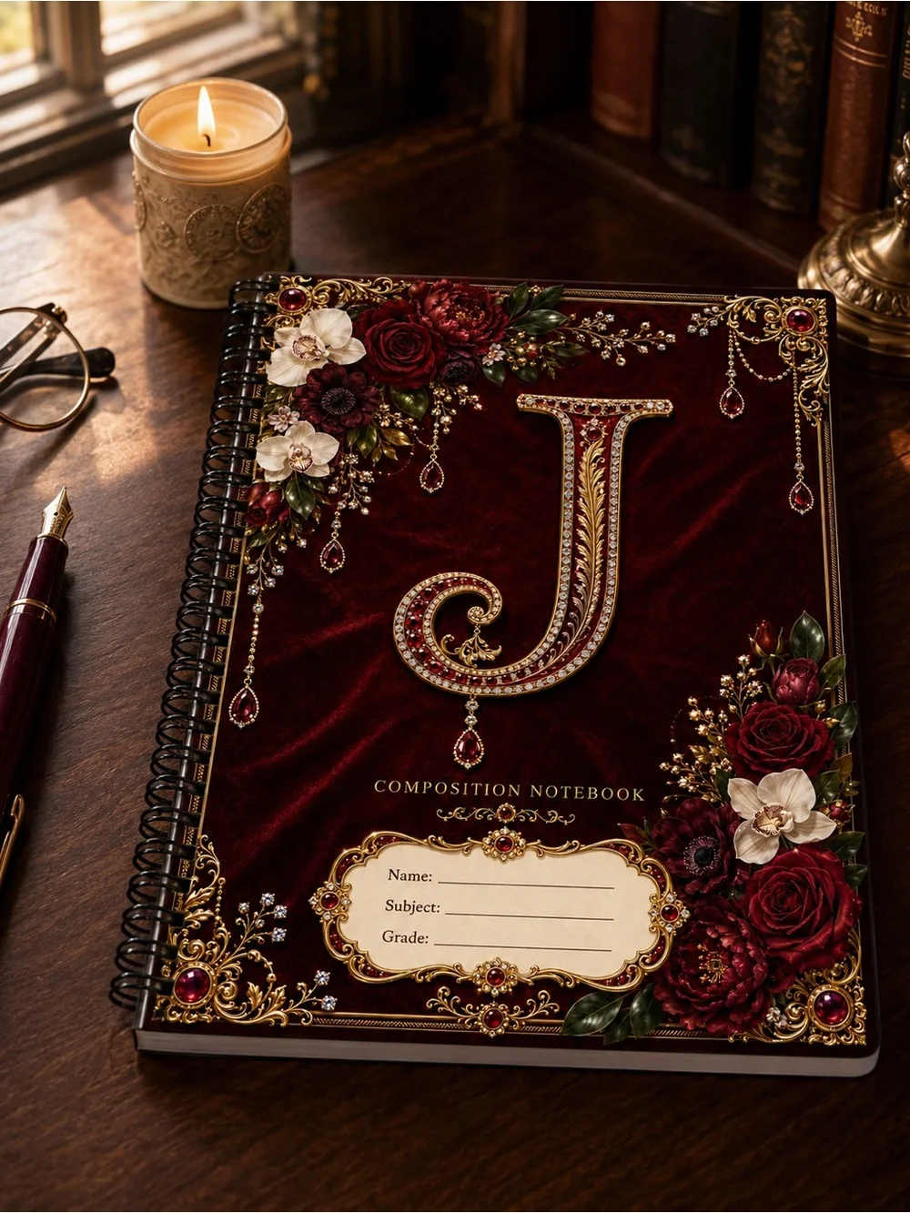 Monogram J Burgundy Floral Composition Notebook - Elegant Spiral Journal